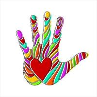 Bright colorful handprint with love symbol. Simple element vector illustration on white background.