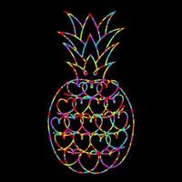 Pineapple vector illustration. Multicolored pineapple in hearts on black background.