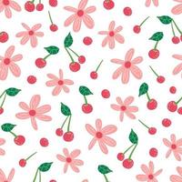 berry flowers cherry seamless vector pattern. Repeating background with summer fruit. Use for fabric, gift wrap, packaging.