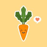 kawaii cute carrot cartoon character. Carrot cartoon in flat style, cute smiling character for healthy food poster, zero waste eco lifestyle, vegetarian eat, restaurant menu, cafe logo, Vegan vector