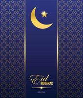 pancarta dorada eid mubarak y plantilla de afiche con luna creciente y adorno islámico estrella iluminada. tarjeta de felicitación de vacaciones islámicas vector