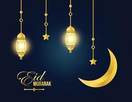 pancarta dorada de eid mubarak y plantilla de póster con linternas iluminadas y decoración de estrella creciente. tarjeta de felicitación de vacaciones islámicas vector