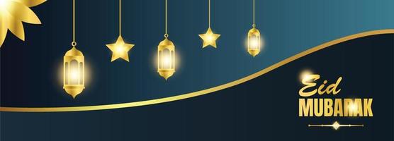 pancarta dorada de eid mubarak y plantilla de póster con linternas iluminadas colgando y decoración de estrellas vector