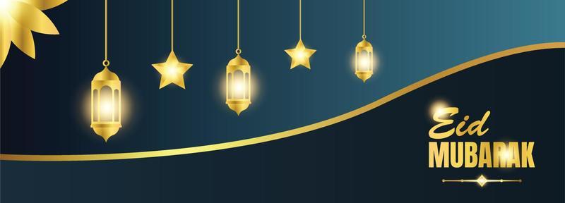 Golden Eid Mubarak Banner and Poster Template With Illuminated Lanterns Hang and Star Decoration