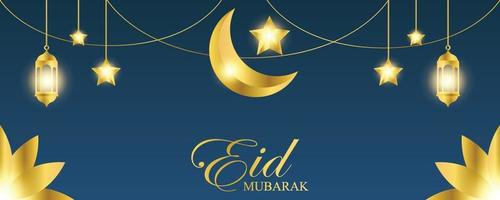 pancarta dorada de eid mubarak y plantilla de póster con linternas iluminadas y adorno islámico de estrella creciente vector
