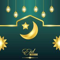 pancarta cuadrada dorada eid mubarak y plantilla de afiche con linternas iluminadas, media luna, estrella y adorno islámico floral. plantilla de tarjeta de felicitación de vacaciones islámicas vector