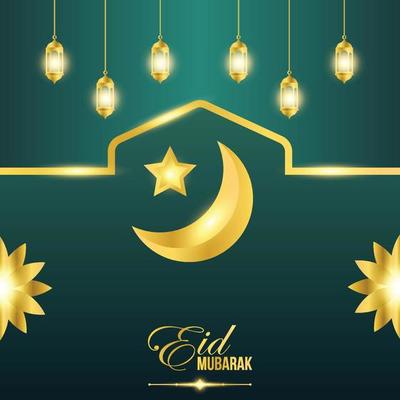 Golden Eid Mubarak Square Banner and Poster Template With Illuminated Lanterns, Crescent, Star and Flower Islamic Ornament. Islamic Holiday Greeting Card Template