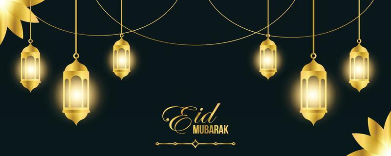 Golden Eid Mubarak Horizontal Banner and Poster Template With Illuminated Lanterns Islamic Ornament