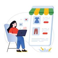 tienda de ropa en línea, ilustración plana de tienda móvil vector