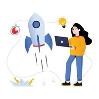 Rocket and working girl, concept of business launch flat illusration vector