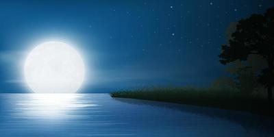 noche de luna llena en el cielo y estrellas en un lago tranquilo vector