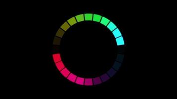 animation de l'icône de la palette de couleurs qui sont disposées les unes autour des autres en cercle sur fond noir. indicateur de progression du chargement. boucle transparente. arrière-plan vidéo animé.