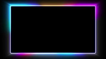 Neon colorful rectangular frame with shining effects on black background with copy space. Empty glowing techno backdrop. Seamless looping. Video animated background.