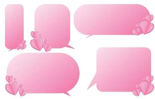 Set of decorative pink speech bubbles with hearts, speaking and talking communication and conversation isolated on white vector illustration, valentines day concept