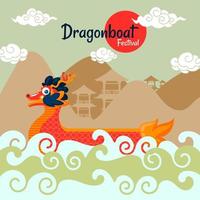 festival del bote del dragón con montañas y paisajes de edificios chinos vector