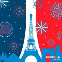 día de la bastilla con torre eiffel y fuegos artificiales con colores de fondo de francia vector