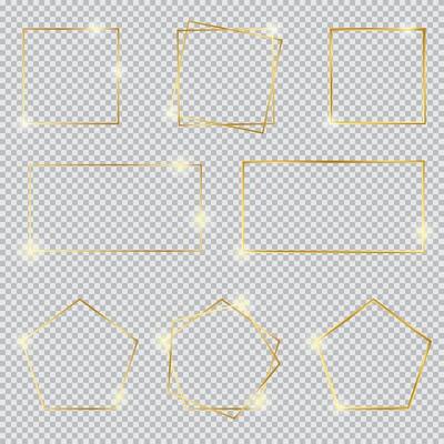 Gold border frame set with light influence, Gold decoration in minimalist style, Metal graphic paper elements in square, rectangle, polygon geometric thin lines.