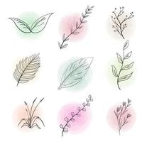 Sketch of hand-drawn flower leaves with a round watercolor background vector
