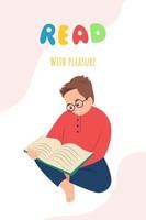 A boy with glasses reads a book postcard, vector illustration in flat style