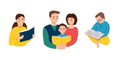 Set of characters with a book, parents with a child reading a book, children with books, vector illustration. Clip art.