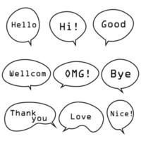 Speech bubbles set with words, speaking and talk, communication and conversation, vector illustrations.