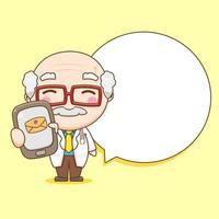 lindo viejo doctor sosteniendo ilustración de personaje chibi de teléfono inteligente vector