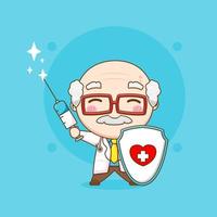 lindo doctor sosteniendo escudo e inyección ilustración de personaje chibi vector