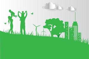 Green background happy family having fun playing in the field,paper cut style1 vector