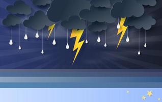 illustration of seascape view with black cloud and yellow lighting on blue sky.Rainy season in sea with storm lightning,3D paper art and craft style. vector poster,web-site with print