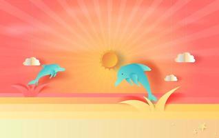 illustration of seascape view with jumping dolphin and clouds at sunset beautiful.Summertime season background with color orange-red pastel tone.3D Paper art and craft style.vector for poster vector