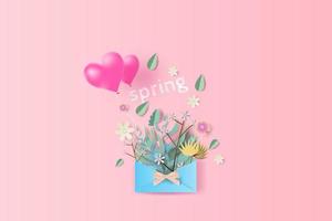 arte en papel de ramo de diseño gráfico con texto de temporada de primavera.cartas de papel y paquetes de flores de ramo,hoja y corazón de globo para texto colocado en fondo de color rosa pastel.vector,ilustración. vector