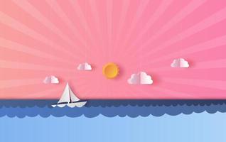 Arte de papel 3d y artesanía de la vista del paisaje marino con un velero flotante en el claro atardecer hermoso fondo de cielo azul y rosa. paisaje de temporada de verano con superficie de olas marinas. ilustración vectorial. vector