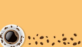 taza de café de diseño plano y granos de café en fondo de color café para espacio de copia
