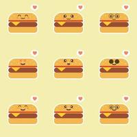 hamburguesa. conjunto de caracteres de vector de comida rápida lindo y kawaii aislado sobre fondo de color