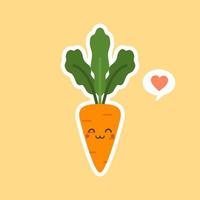 kawaii lindo personaje de dibujos animados de zanahoria. caricatura de zanahoria en estilo plano, lindo personaje sonriente para afiche de comida saludable, estilo de vida ecológico sin desperdicio, comida vegetariana, menú de restaurante, logo de café, vegano