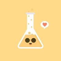 Ilustración de vector de diseño plano de matraz químico erlenmeyer de personaje lindo y kawaii. experimento científico, elementos de laboratorio de investigación de estilo plano, química, biología, física, farmacéutica, medicina