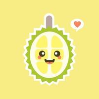 frutas durián divertidas y kawaii. lindo personaje durian con expresión facial y emoji. ilustración vectorial uso para tarjeta, afiche, pancarta, diseño web e impresión en camiseta. fácil de editar vector