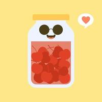 kawaii and cute cherry in jar. Canned fruits. Tinned goods product stuff, preserved food, supplied in a sealed can. Isolated. Vector flat illustration. Flat design style for your mascot branding.