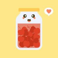 kawaii and cute cherry in jar. Canned fruits. Tinned goods product stuff, preserved food, supplied in a sealed can. Isolated. Vector flat illustration. Flat design style for your mascot branding.