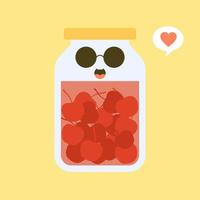 kawaii and cute cherry in jar. Canned fruits. Tinned goods product stuff, preserved food, supplied in a sealed can. Isolated. Vector flat illustration. Flat design style for your mascot branding.