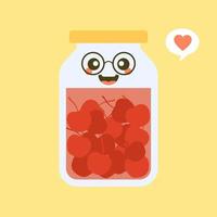 kawaii and cute cherry in jar. Canned fruits. Tinned goods product stuff, preserved food, supplied in a sealed can. Isolated. Vector flat illustration. Flat design style for your mascot branding.