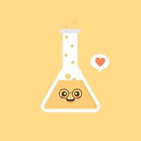 Ilustración de vector de diseño plano de matraz químico erlenmeyer de personaje lindo y kawaii. experimento científico, elementos de laboratorio de investigación de estilo plano, química, biología, física, farmacéutica, medicina