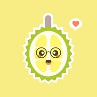 frutas durián divertidas y kawaii. lindo personaje durian con expresión facial y emoji. ilustración vectorial uso para tarjeta, afiche, pancarta, diseño web e impresión en camiseta. fácil de editar vector