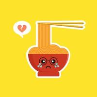 lindo y kawaii ramen bowl personaje en estilo plano. fideos con ilustración de personaje de dibujos animados de palillos con emoji y expresión. se puede usar para restaurante, resto, mascota, chino. japonés, asiático vector