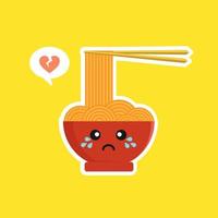 lindo y kawaii ramen bowl personaje en estilo plano. fideos con ilustración de personaje de dibujos animados de palillos con emoji y expresión. se puede usar para restaurante, resto, mascota, chino. japonés, asiático vector