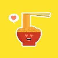 lindo y kawaii ramen bowl personaje en estilo plano. fideos con ilustración de personaje de dibujos animados de palillos con emoji y expresión. se puede usar para restaurante, resto, mascota, chino. japonés, asiático vector