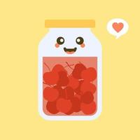 kawaii and cute cherry in jar. Canned fruits. Tinned goods product stuff, preserved food, supplied in a sealed can. Isolated. Vector flat illustration. Flat design style for your mascot branding.