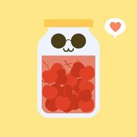 kawaii and cute cherry in jar. Canned fruits. Tinned goods product stuff, preserved food, supplied in a sealed can. Isolated. Vector flat illustration. Flat design style for your mascot branding.