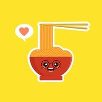 lindo y kawaii ramen bowl personaje en estilo plano. fideos con ilustración de personaje de dibujos animados de palillos con emoji y expresión. se puede usar para restaurante, resto, mascota, chino. japonés, asiático vector