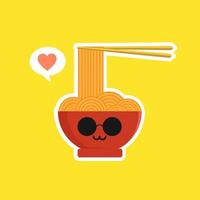 lindo y kawaii ramen bowl personaje en estilo plano. fideos con ilustración de personaje de dibujos animados de palillos con emoji y expresión. se puede usar para restaurante, resto, mascota, chino. japonés, asiático vector